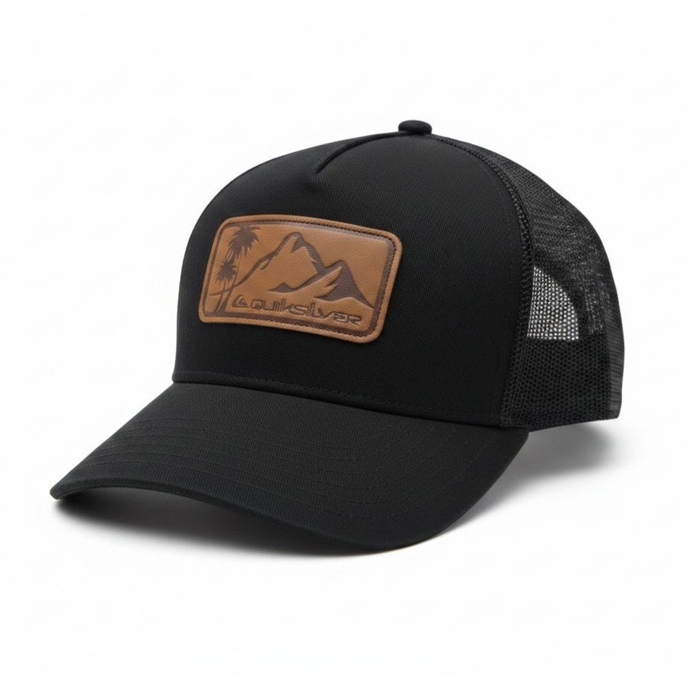 Quiksilver Black Trucker Hat Mountain Palm Leather Patch Snapback QS001453Y NEW